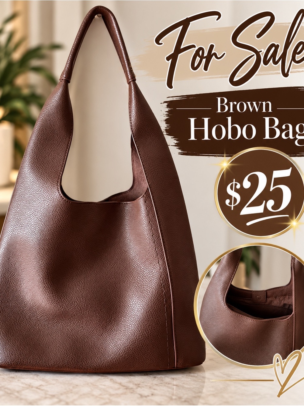 Elegant Brown Leather Hobo Bag New